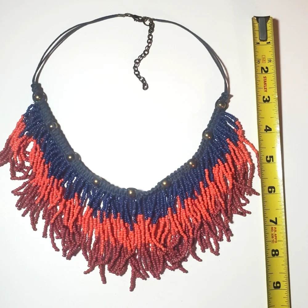 Free People Seed Bead Fringe Collar Bib Necklace Boho Tribal Statement Necklace